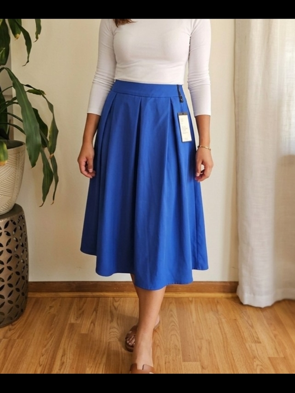 Yige Royal Blue Pleated A-Line Midi Skirt Size 8 High Waist Flared Swing Skirt